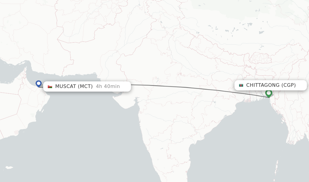 Flights from Chittagong to Muscat route map