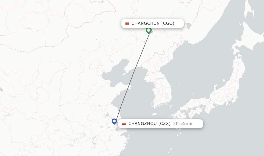 Flights from Changchun to Changzhou route map