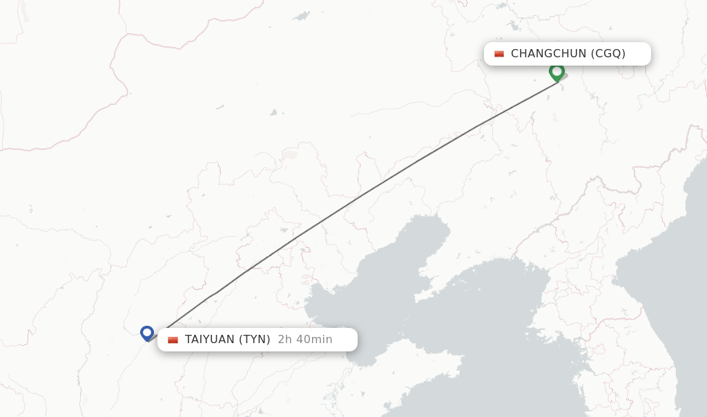 Flights from Changchun to Taiyuan route map