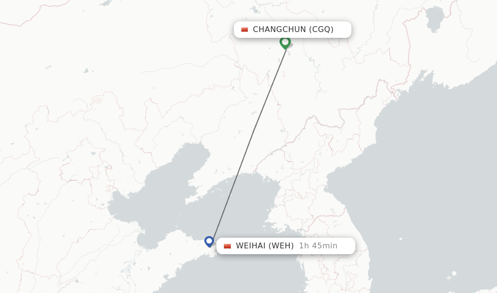 Flights from Changchun to Weihai route map