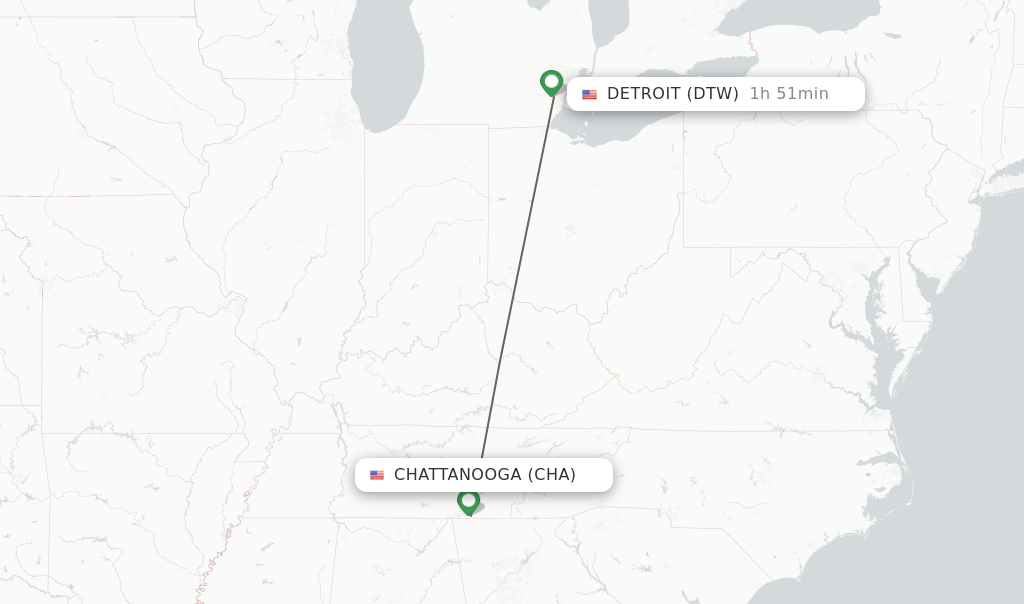 Flights from Chattanooga to Detroit route map