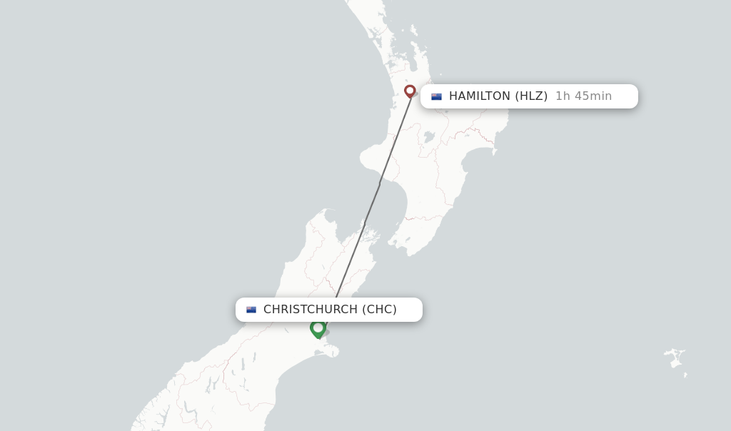 Flights from Christchurch to Hamilton route map