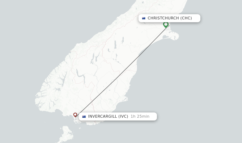 Flights from Christchurch to Invercargill route map