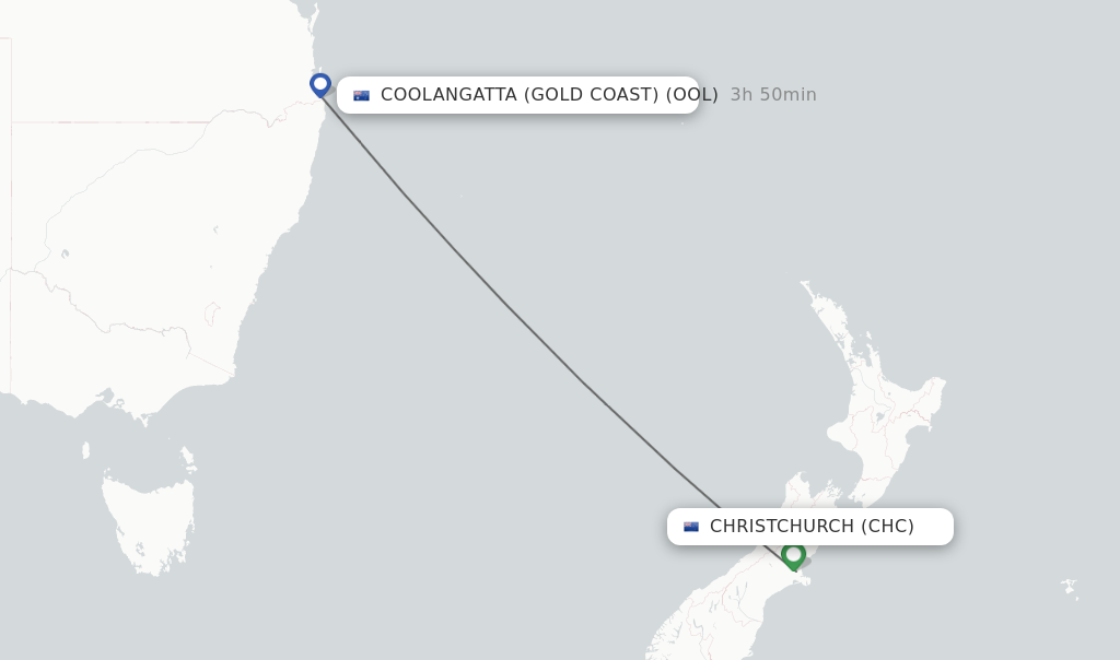 Flights from Christchurch to Coolangatta (Gold Coast) route map