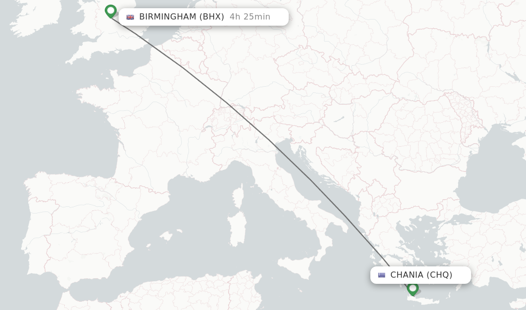 Flights from Chania to Birmingham route map
