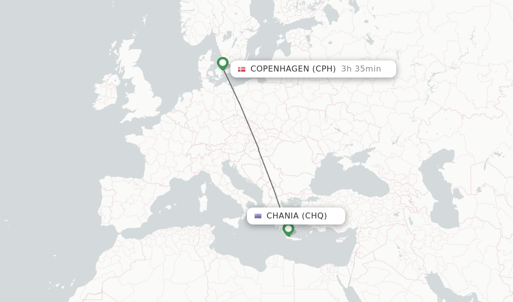 Flights from Chania to Copenhagen route map