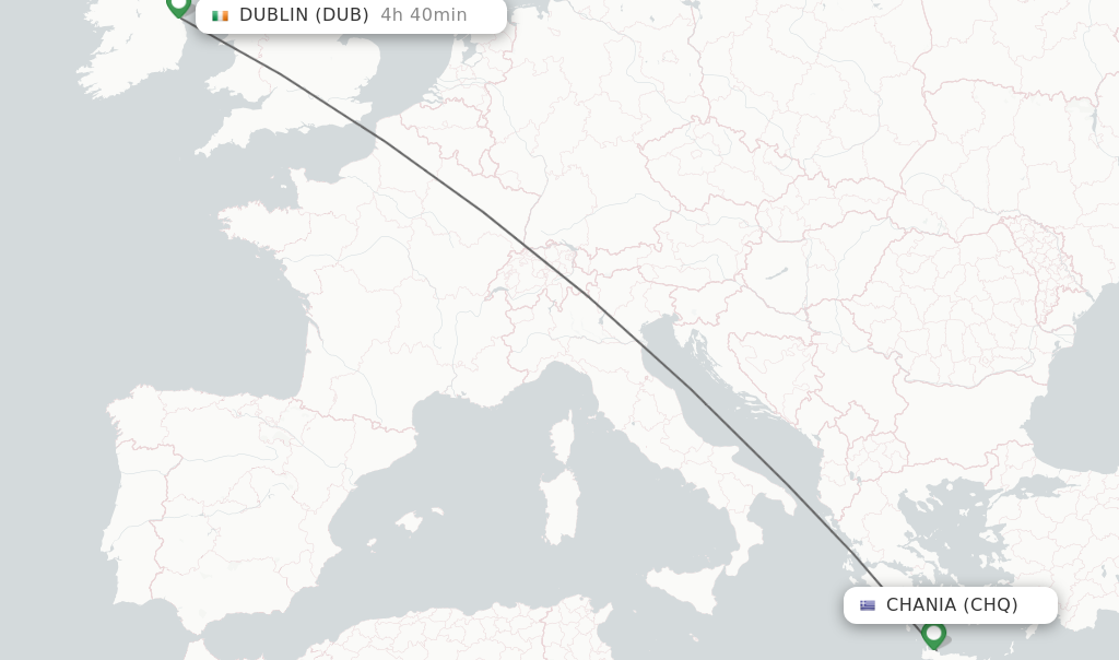 Flights from Chania to Dublin route map
