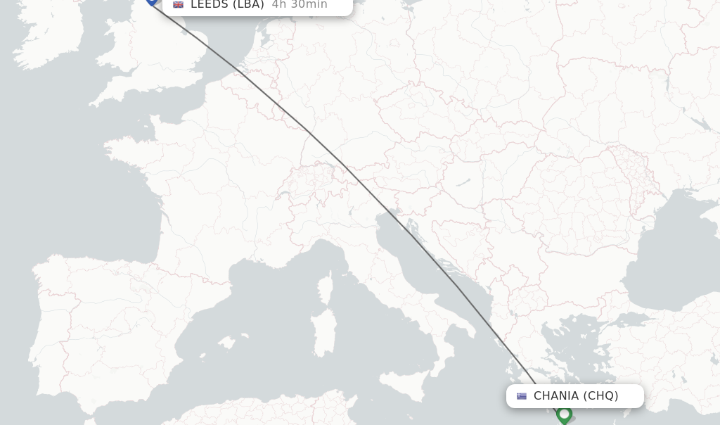 Flights from Chania to Leeds route map