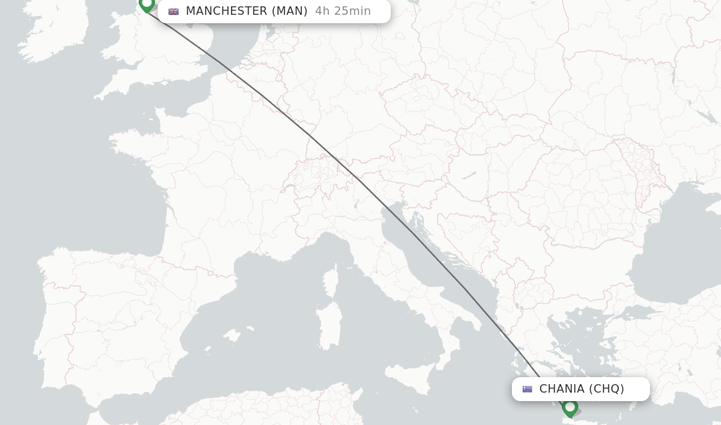 Flights from Chania to Manchester route map