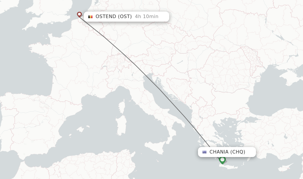 Flights from Ostend to Chania route map