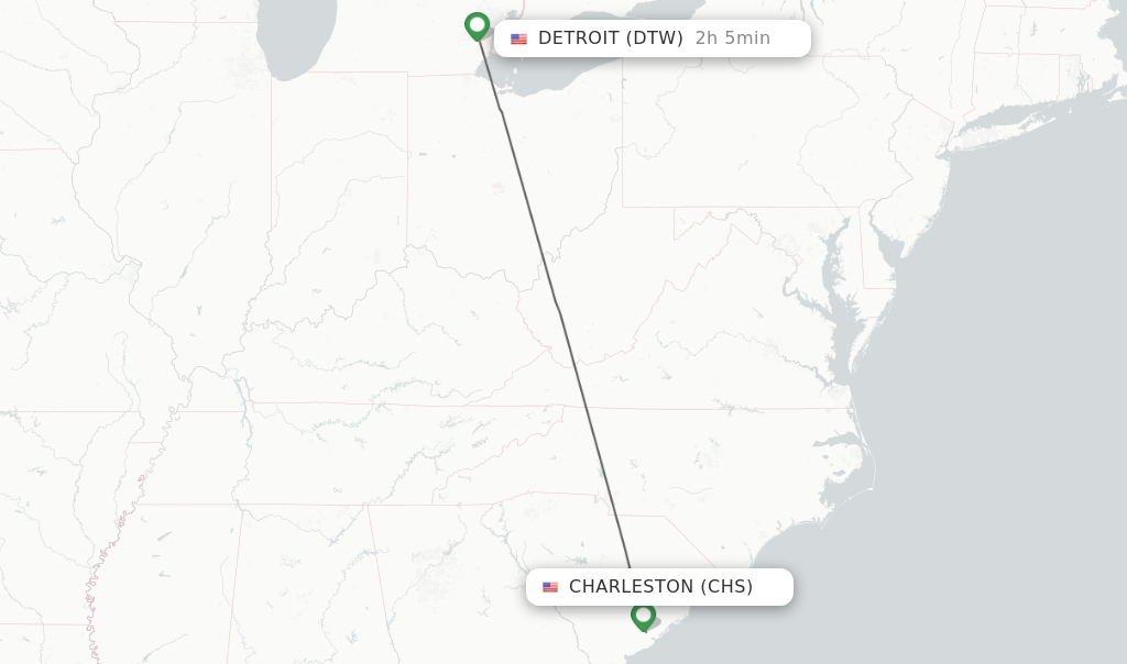 Flights from Charleston to Detroit route map