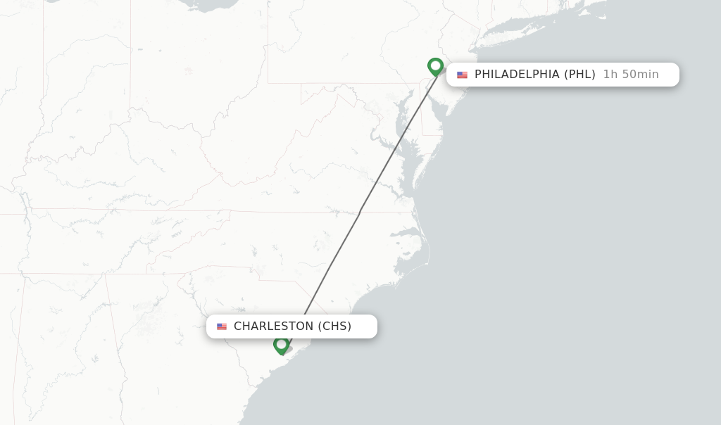 Flights from Charleston to Philadelphia route map