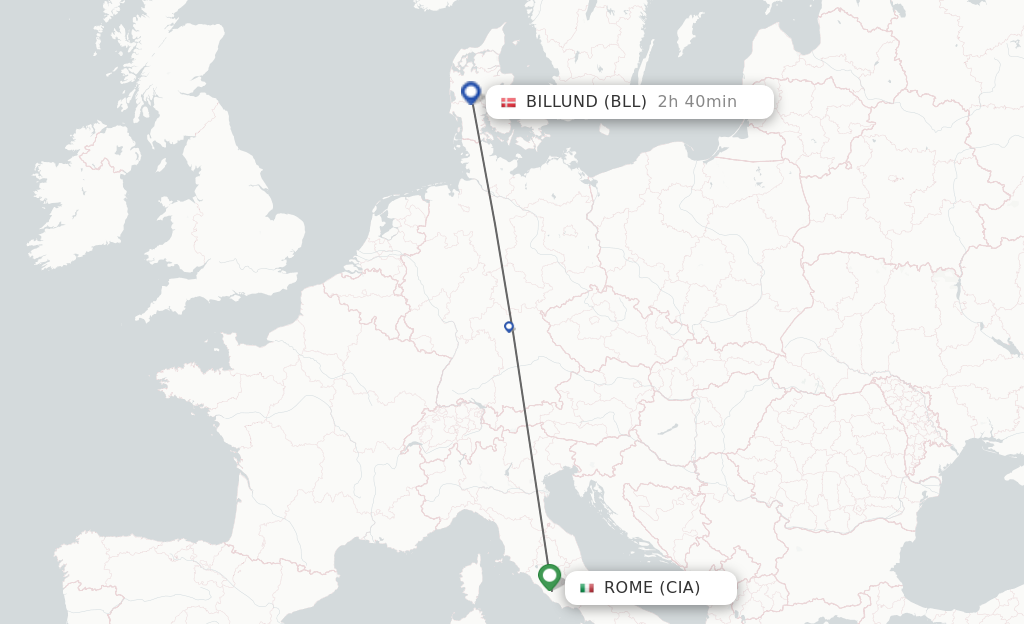 Flights from Rome to Billund route map