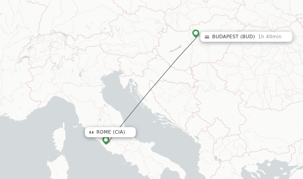 Flights from Rome to Budapest route map