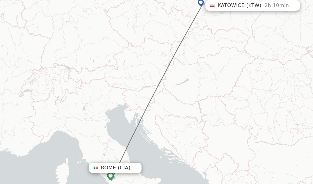 Flights from Rome to Katowice route map