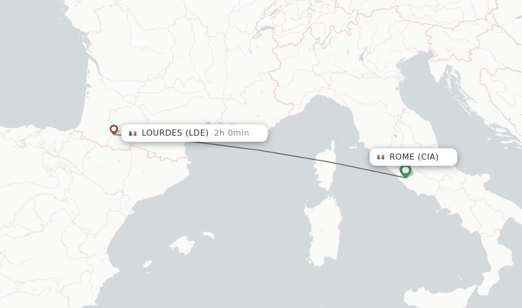 Flights from Rome to Lourdes route map