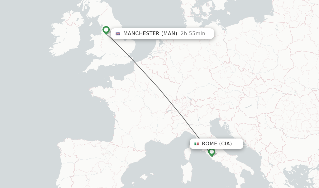 Flights from Rome to Manchester route map