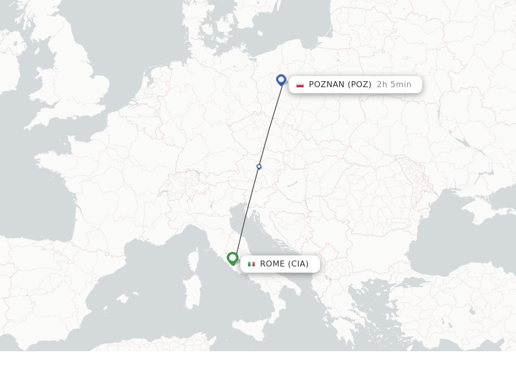 Flights from Rome to Poznan route map
