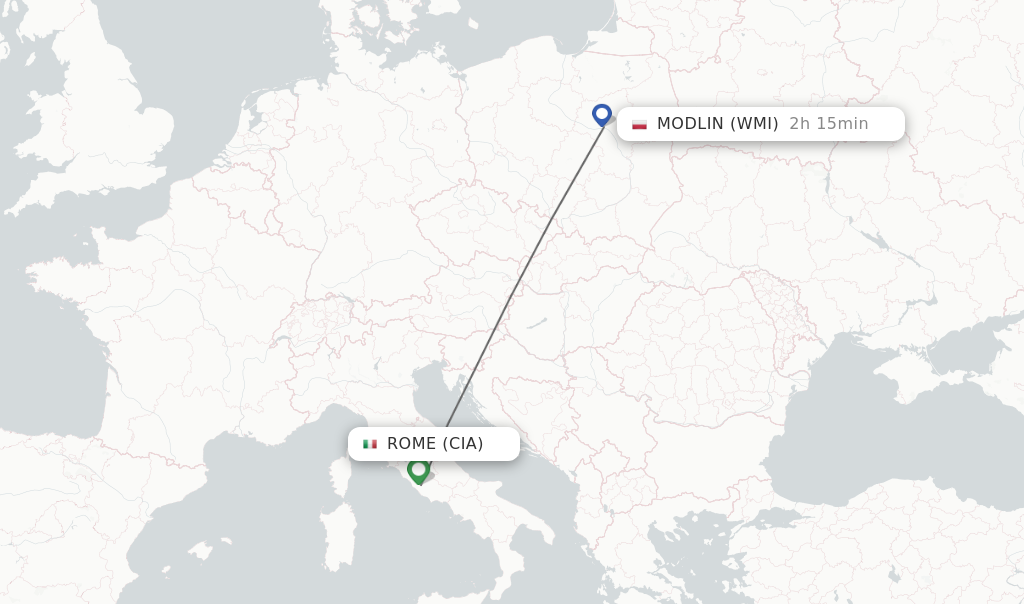 Flights from Rome to Modlin route map