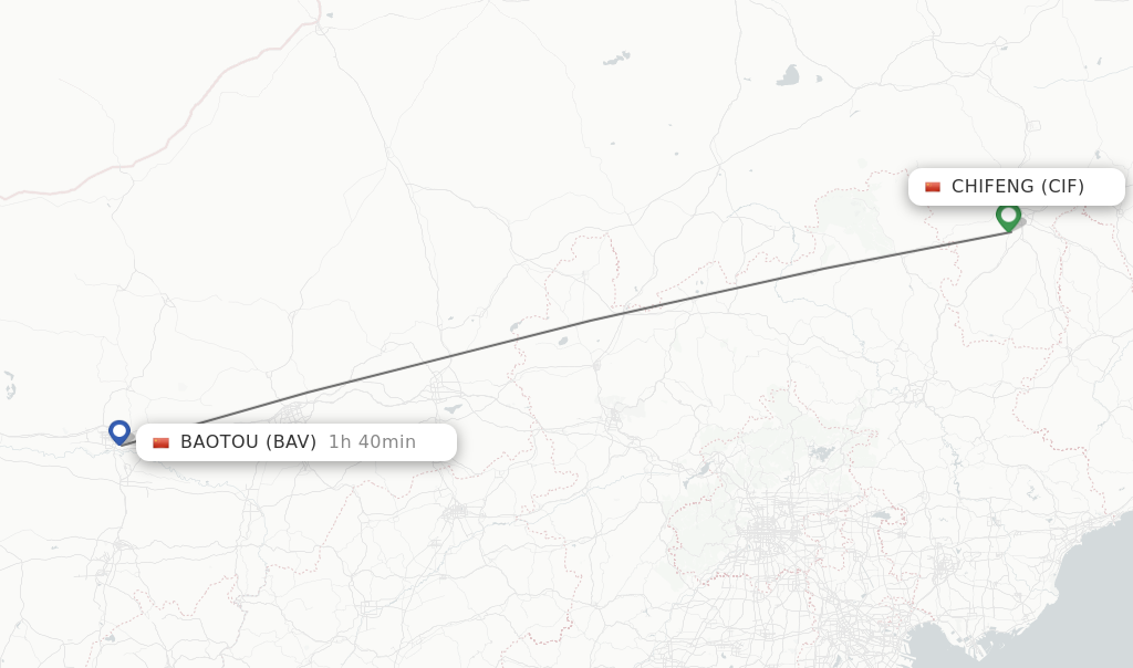 Flights from Chifeng to Baotou route map