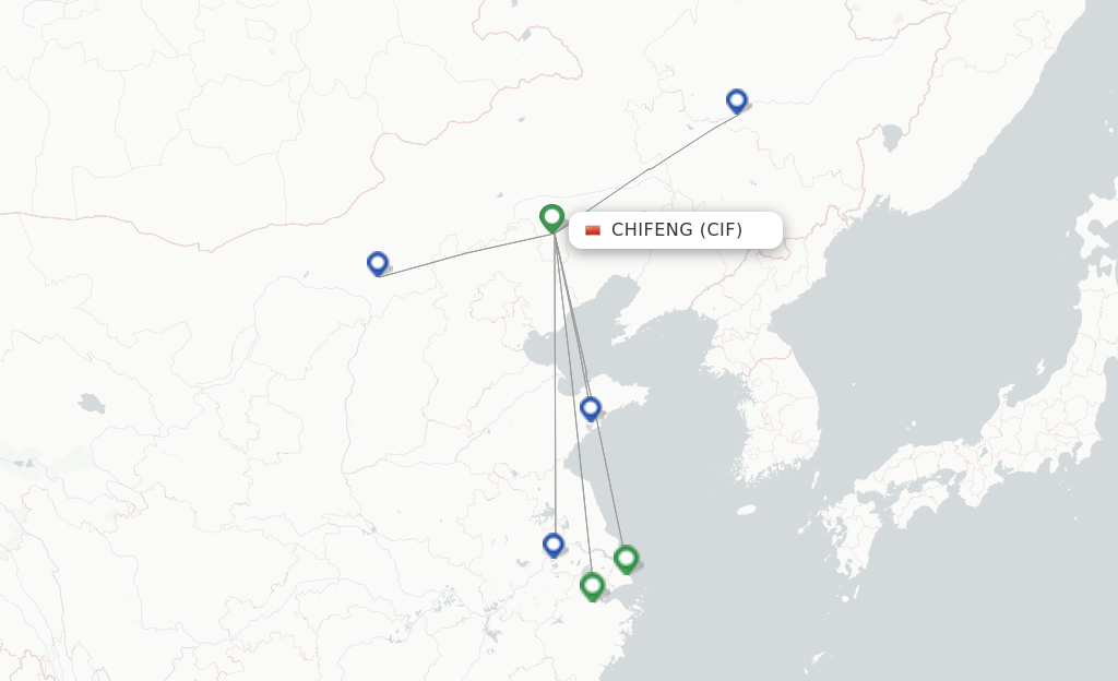 Route map with flights from Chifeng with Juneyao Airlines