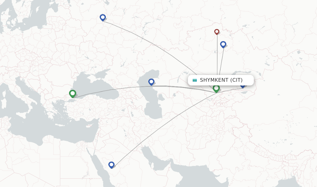Route map with flights from Shymkent with SCAT Airlines