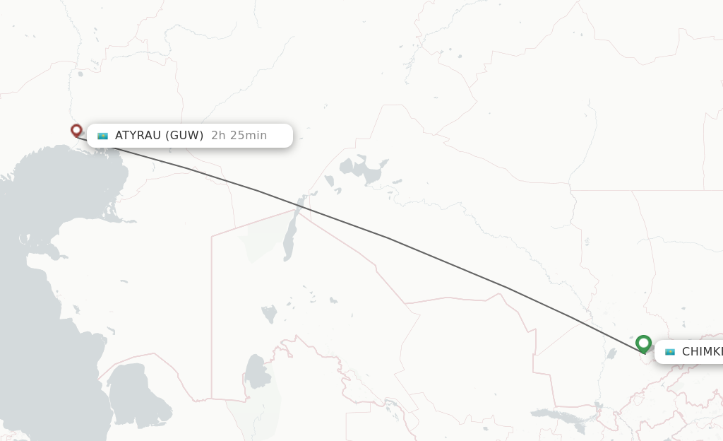 Flights from Shymkent to Atyrau route map