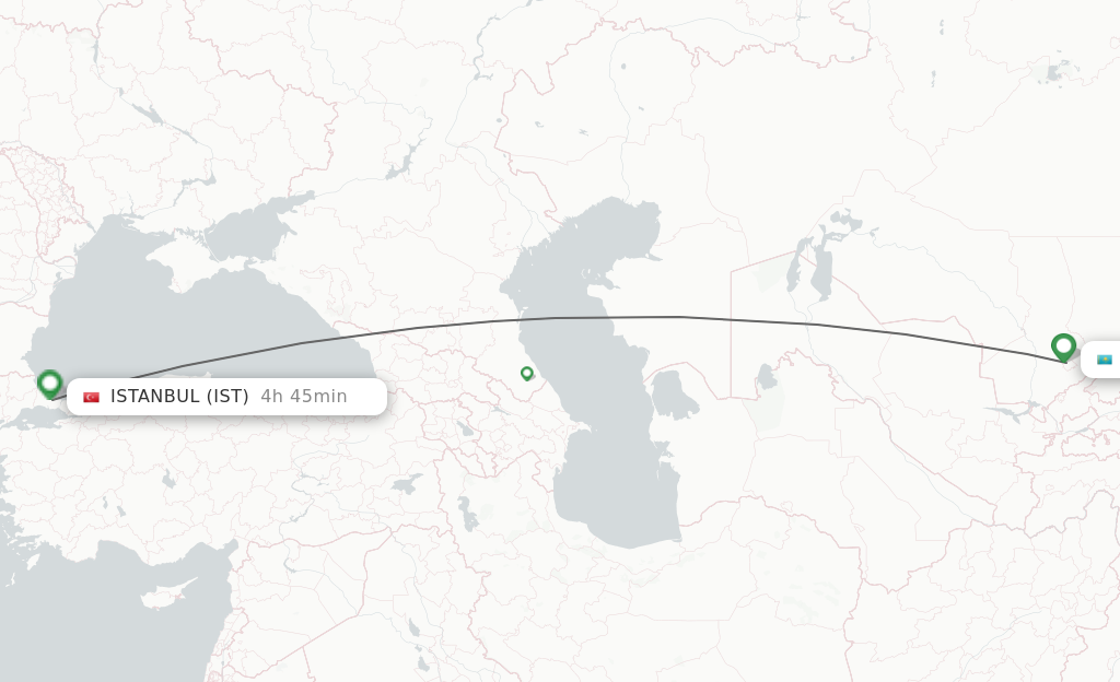 Flights from Shymkent to Istanbul route map