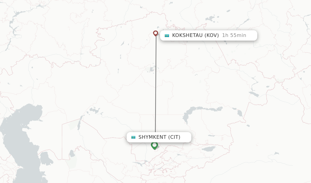 Flights from Shymkent to Kokshetau route map