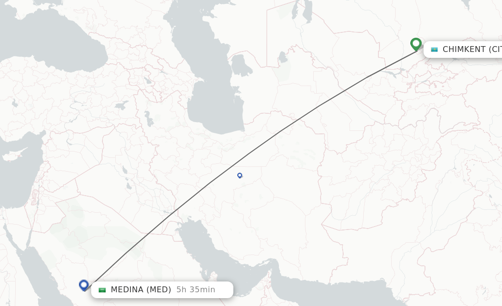 Flights from Shymkent to Madinah route map