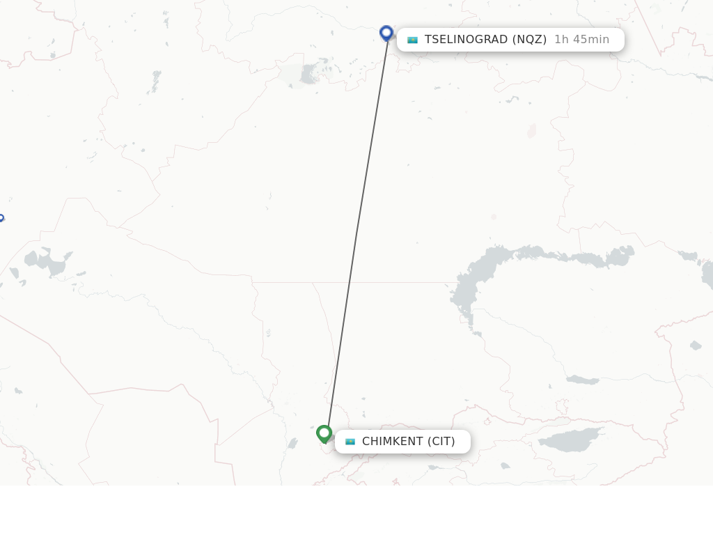 Flights from Shymkent to Astana route map