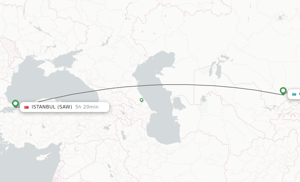 Flights from Shymkent to Istanbul route map