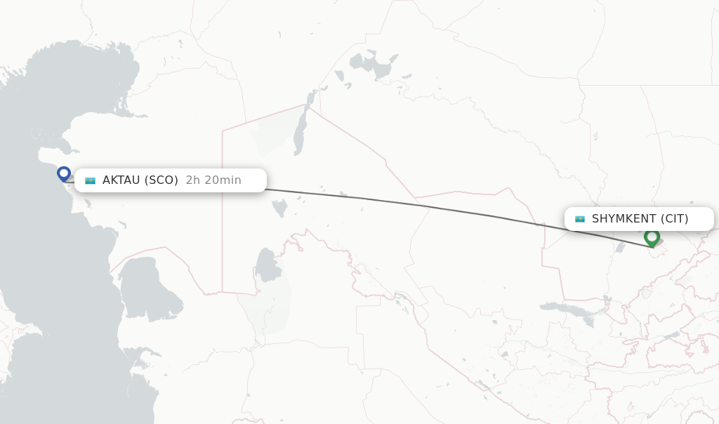 Flights from Shymkent to Aktau route map