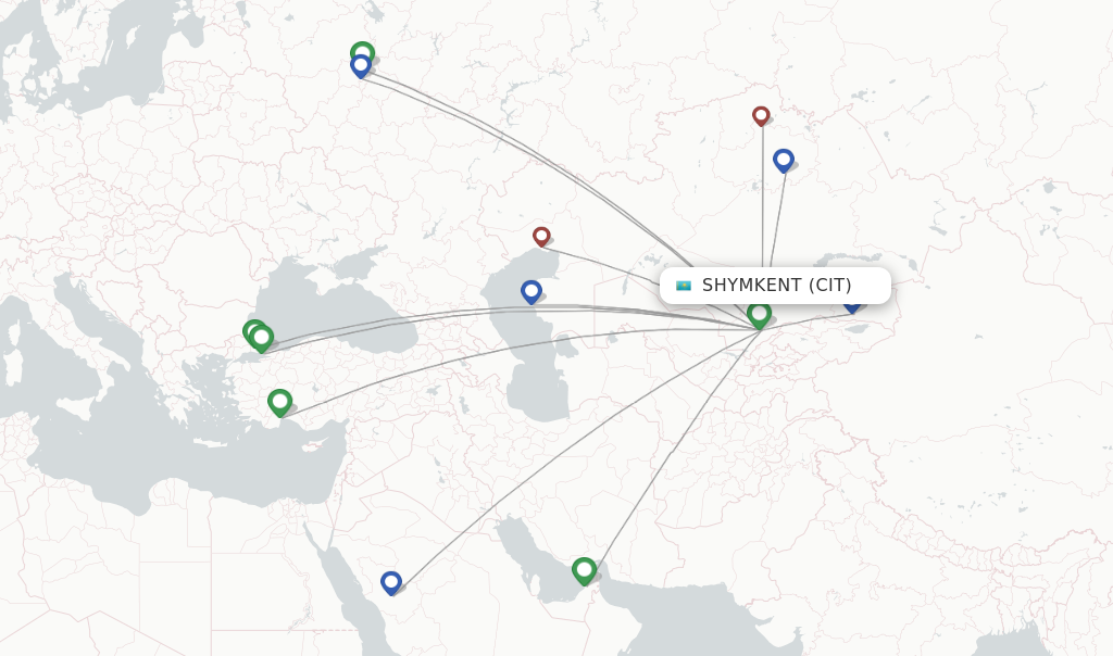 Flights from Shymkent to Aktobe route map