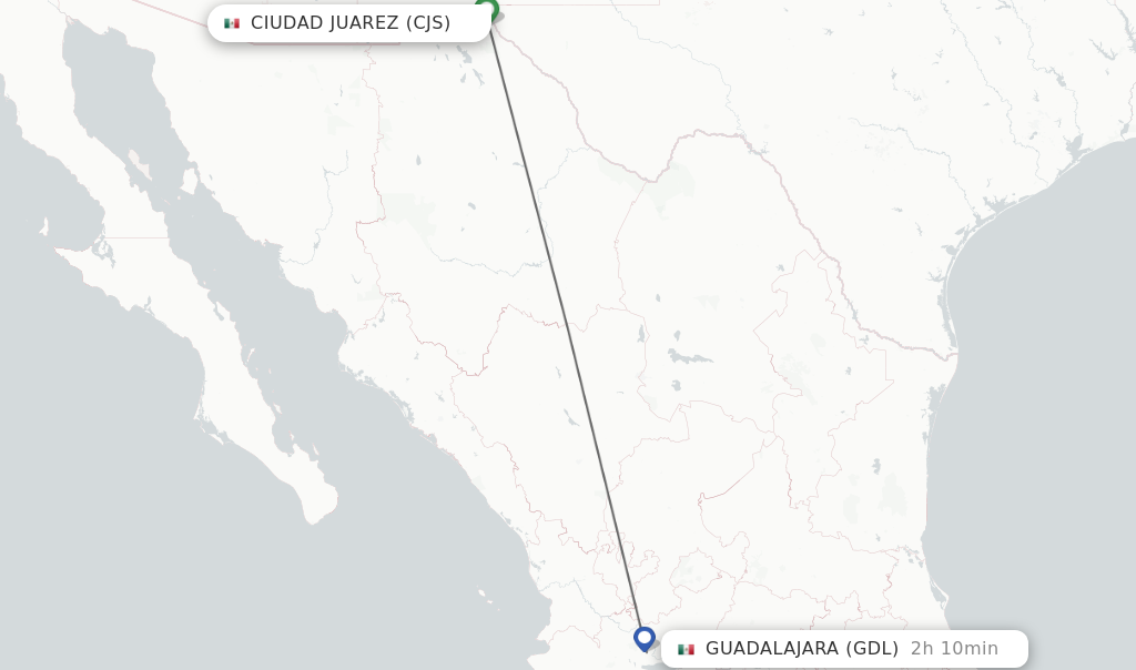 Flights from Ciudad Juarez to Guadalajara route map