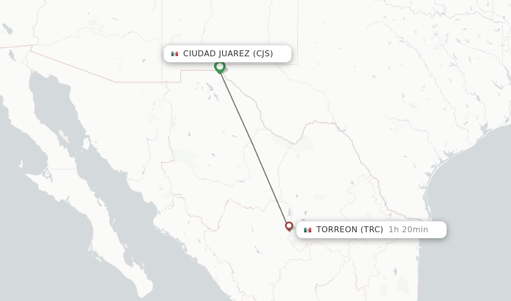 Flights from Ciudad Juarez to Torreon route map