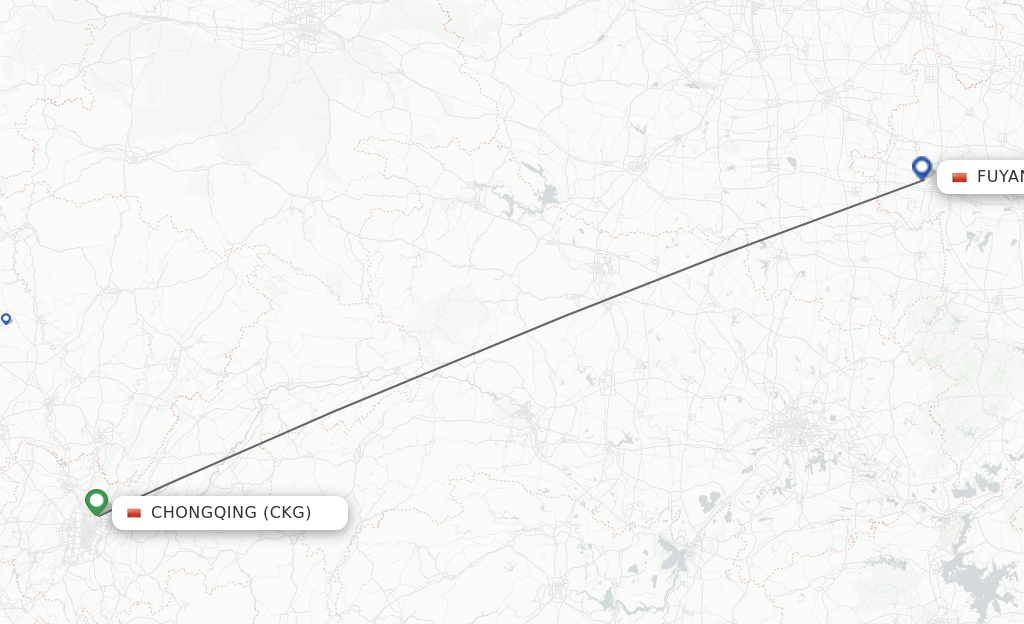 Flights from Chongqing to Fuyang route map