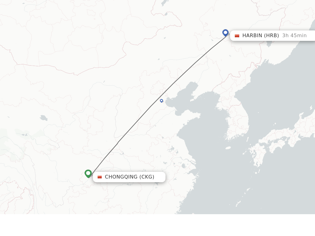 Flights from Chongqing to Harbin route map
