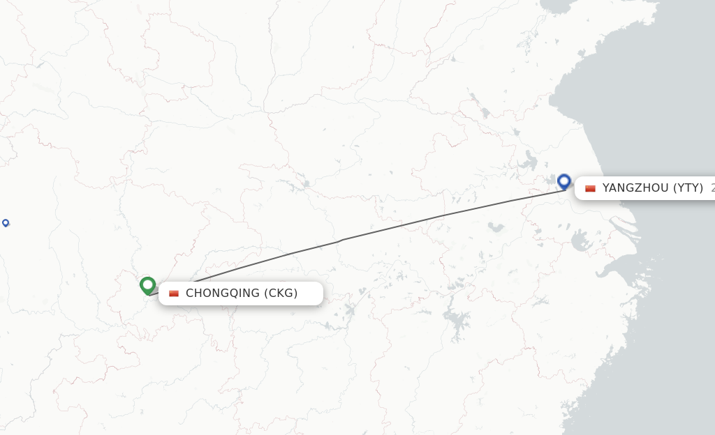 Flights from Chongqing to Yangzhou route map