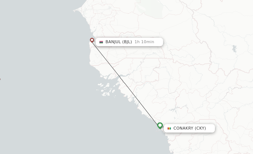 Flights from Conakry to Banjul route map