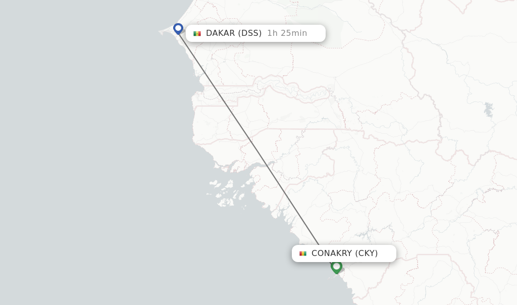 Flights from Conakry to Dakar route map
