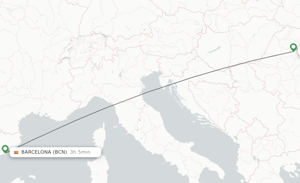 Flights from Cluj-Napoca to Barcelona route map