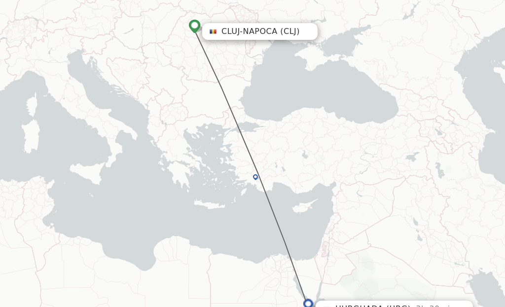 Flights from Cluj-Napoca to Hurghada route map