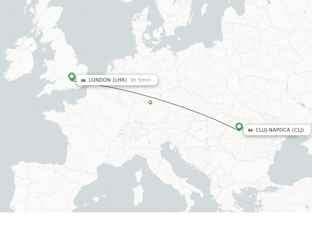 Flights from Cluj-Napoca to London route map