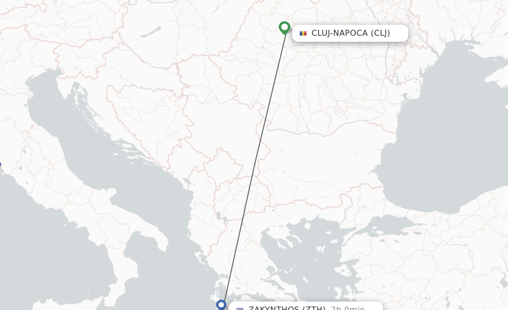 Flights from Cluj-Napoca to Zakinthos route map
