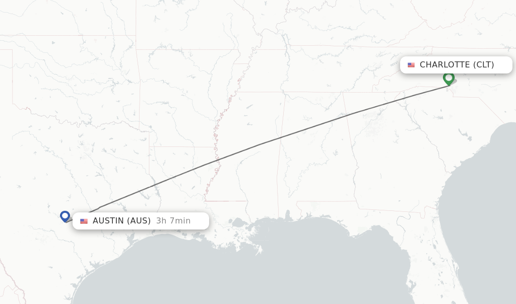 Flights from Charlotte to Austin route map