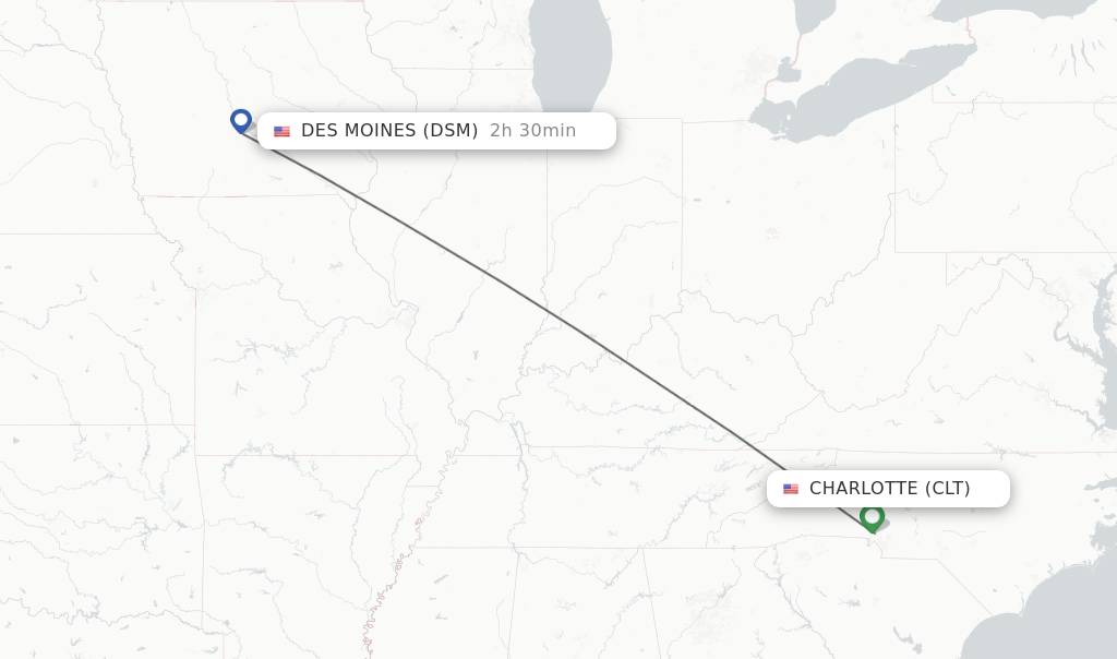 Flights from Charlotte to Des Moines route map