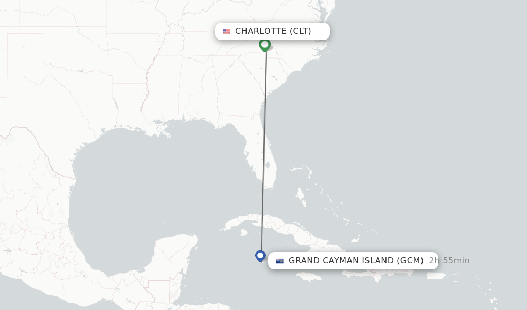 Flights from Charlotte to Grand Cayman Island route map