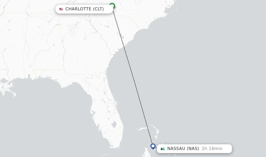 Flights from Charlotte to Nassau route map