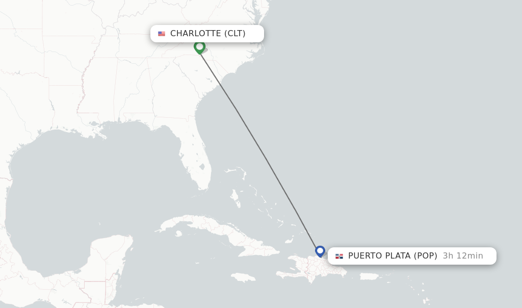 Flights from Charlotte to Puerto Plata route map